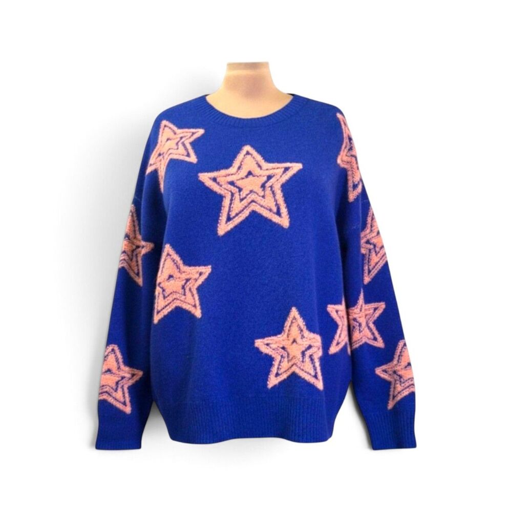 FANTASTIC FAWN Oversized Royal Blue and Pink All Over Star Sweater, NWOT! Large